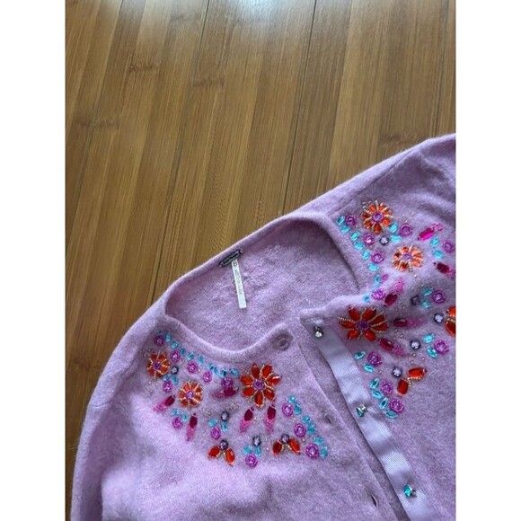 Free People Purple Lavender Rhinestone Jeweled Wool Cardigan - Women's XS - Picture 3 of 7